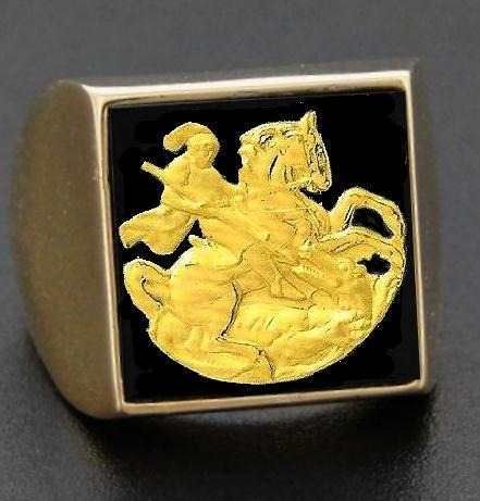 Anel Com Onix Com Sao Jorge  Alto Relevo Ouro 18k